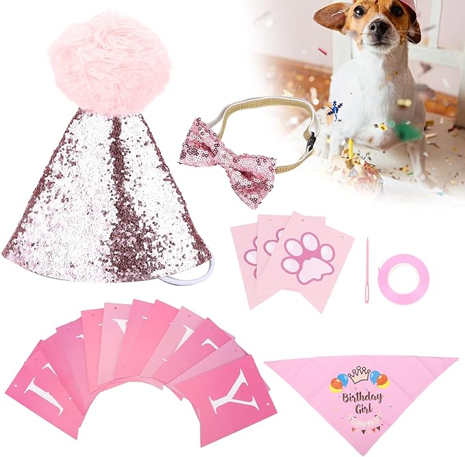 Dog Birthday Scarf Hat Set, Pet Birthday Party Supplies, Adjustable Soft Cotton Polyester Bandana with Bow Tie and Banner Cards for Puppy Photo Shoots and Celebrations