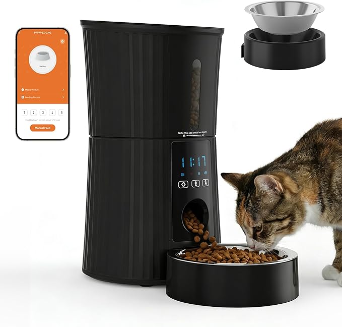 DUMOS Automatic Cat Feeder, 4L Timed Cat Food Dispenser with APP Control, 10s Voice Recorder, Dual Power Supply, 2.4G WiFi Indoor Programmable Pet Feeder with Desiccant for Small Cats and Dogs, Black