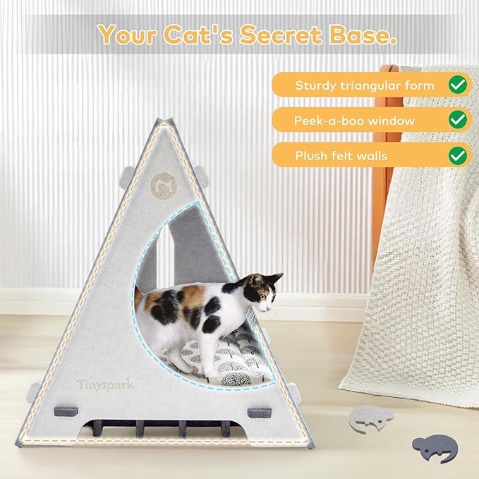 Triangle Cat Tent with Removable Pad, Enclosed Pet Bed & Hideaway for Small Cats, Includes 4 Felt Toys, Portable Gray Beige House, 17.7" L x 18.5" W x 20.5" H