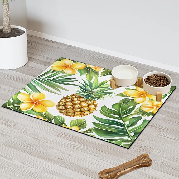 Pineapple Dog Food Mat for Floors Absorbent Dog Bowl Mat for Food and Water Dispenser Quick Dry Cat Food Placemat Pet Supplies 24" x 32", Tropical Flowers