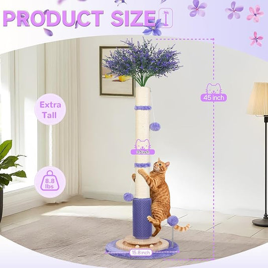 Cat Scratching Post for Indoor Large Adults,45'' Tall Vertical Cat Scratcher with 3.5Inch Diameter Sisal Post for Protect Furniture,Cute Tree with Interactive Ball Toys Self Groomer Brush for All Cats