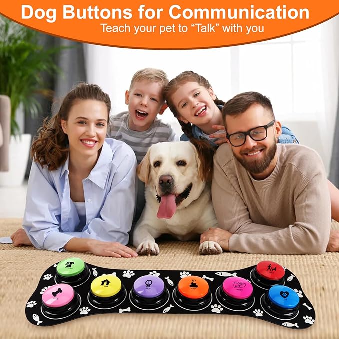 Dog Buttons for Communication, 8 Color Dog Talking Button Set, 30s Recordable Voice Pet Training Buzzers, Speaking Buttons for Dogs & Cats with Mat and 2 Scene Stickers (Batteries Not Included)