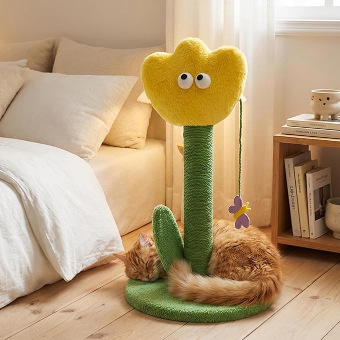 ZEZE Tulip Cat Scratching Post – Flower-Themed Cat Tree for Kittens & Adult Cats, Durable Sisal Rope Tower, Decorative Pet Furniture, Cute Home Design, Furniture Protection (Yellow)