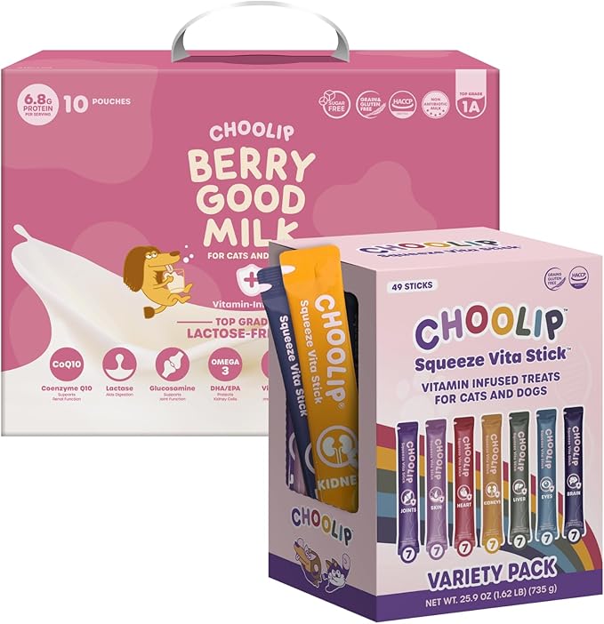 Choolip Bundle | Berry Good Milk 10pk Vitamin-Infused + 49pc Variety Squeeze Vita Sticks with Essential multivitamins [Both Products are for Cats & Dogs of All Life Stages]
