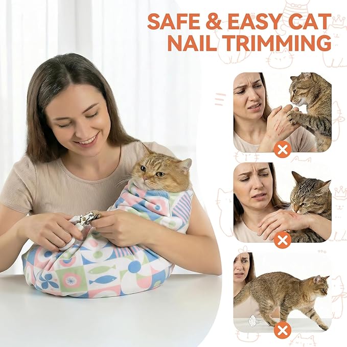 BFNN Cat Grooming Wrap for Cutting Nails, 31.5" Anti-Escape Calming Cat Swaddle Wrap for Medicine, Nail Clipping, Teeth Brushing, Ear Cleaning, Self-Adherent Burrito Restraint, (Geometric Fish, XL)