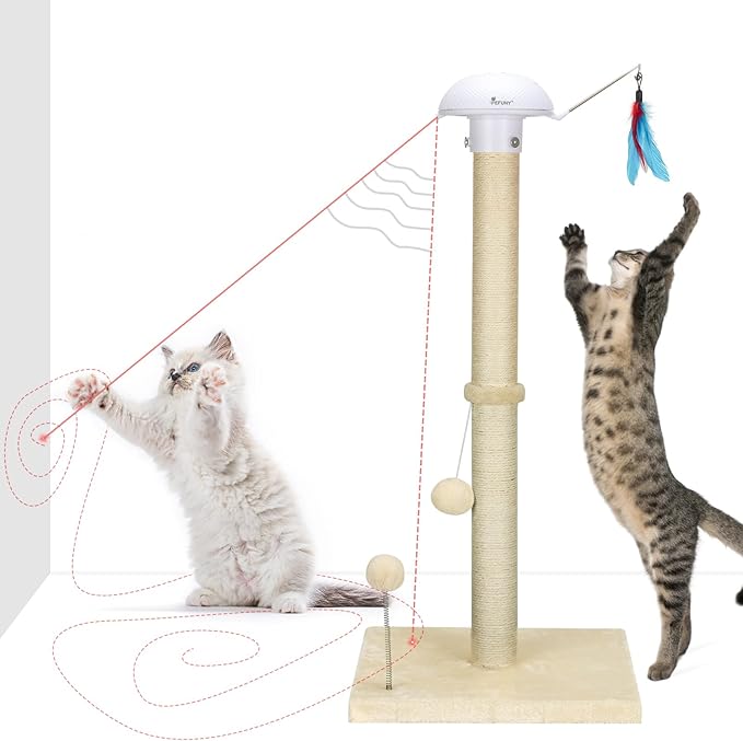 Cat Scratching Posts Sisal Scratch Posts with Hanging Ball for Indoor Cats Claw Scratcher (34 inches with Top Toy, Beige)