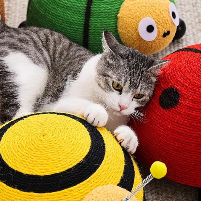 Sisal Cat Scratching Post, Durable Small Cat Scratcher for Indoor Cats, Anti-Scratch Furniture Protector with Cute Animal Shapes, Scratch Toy for Kittens, Non Falling Toy with Ball (Bee)