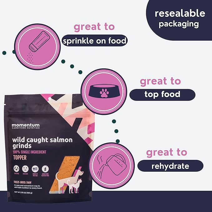 Momentum Carnivore Nutrition Freeze-Dried Wild-Caught Salmon Pet Food Topper – Single-Ingredient, All-Natural Topper – High-Protein for Dogs and Cats, Grain-Free and Made in The USA– (3.75 oz Bag)