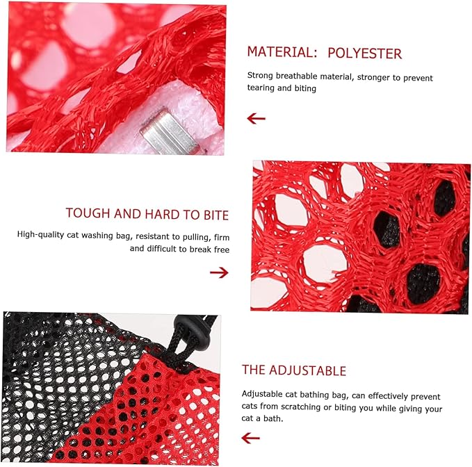 2 PCS Cat Grooming Bag, Mesh Restraint for Bathing and Nail Trimming, Red and Black, Adjustable