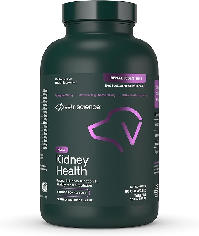 VetriScience Kidney Health Chewable Tablets, Renal Essentials Supplement for Dogs, Urinary Tract and Kidney Support with Mushroom, Astragalus Root, Nettle Seed and Herbs, Smoke, 60 Count