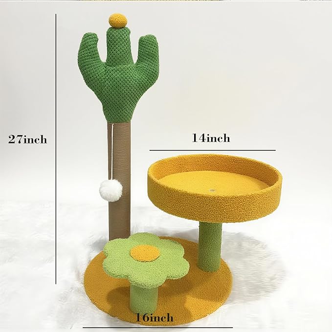 Cactus Cat Scratching Posts Cats Scratcher H 27.16" with Premium Sisal Rope 13.78" Bed, Flower Shaped Platform and Dangling Balls, Scratcher Vertical Green Cats Tree Suitable for Indoor Kitten