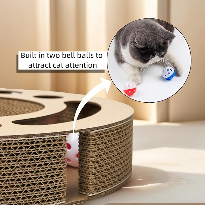 Circular Cat Scratch Board with Balls, Corrugated Cardboard Interactive Toy, 13 Inch Round Grinding Post with Ball Track, No-Shed Design
