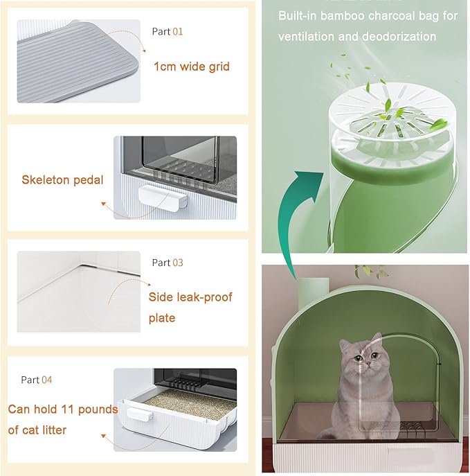 Large Litter Box with Odor Control Carbon Filter, Enclosed Plastic Cat Litter Box with Handy Litter Scoop,Drawer Type Cat Toilet,Perfect for Medium Cats (Color : Green)