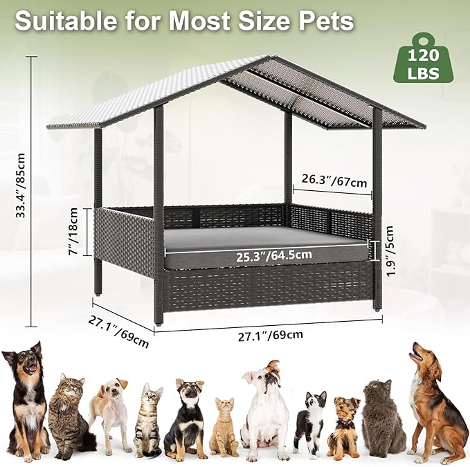 Waleaf Wicker Dog House Outdoor Indoor with Canopy and Removable Cushion, Elevated Rattan Dog Bed Shelter for Small/Medium Dogs, Weather Proof Cushion Cover Pet Cabana for Patio, Deck, Pool, Yard