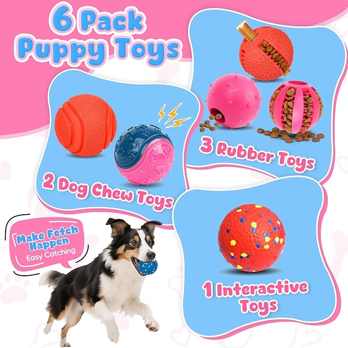 Dog Balls 6 Pack, Puppy Toys for Small & Medium Dogs, Interactive Dog Fetch Ball, Squeaky Chew Toys for Teeth/Slow Feeder/IQ Training/Playing, Dog Toys to Keep Them Busy (Pink)