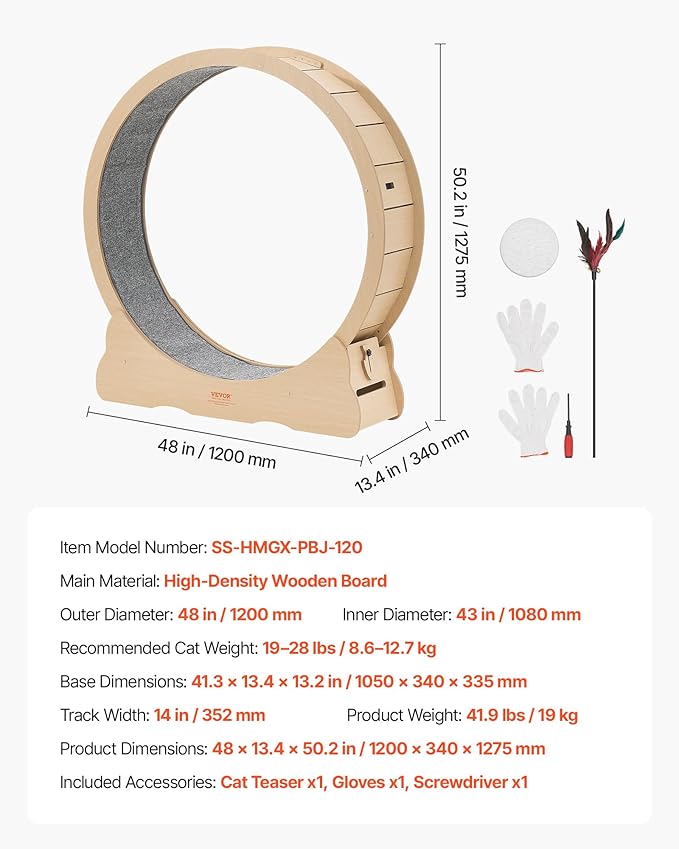 VEVOR Cat Exercise Wheel, 48 in Wooden Cat Running Wheel for Indoor Cats up to 28 lbs, Cats Treadmill with Carpeted Runway & Locking Mechanism, Quiet Roller Kitten Sport Toys for Pets Fitness & Health