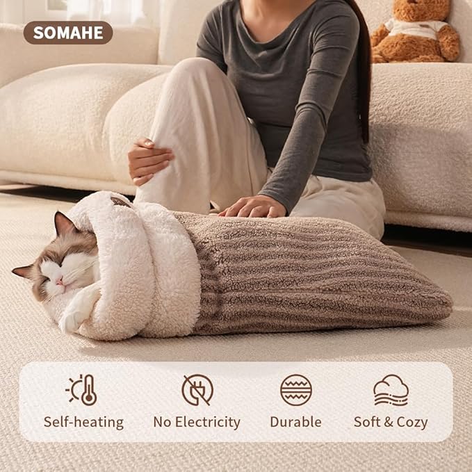 Cat Sleeping Bag for Indoor Cats, Self Warming Cat Bed Cave Fits up to 15 lbs Pets, Pet Sleeping Bed with Plush Portable Snuggle Sack/Hideway 17''×21''White