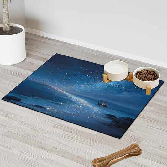 Beach Dog Food Mat for Floors Absorbent, Quick Dry Water Dispenser Mat for Food, Water, Pet Supplies 12" x 20", Night Sky Stars