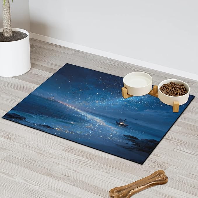 Beach Dog Food Mat for Floors Absorbent, Quick Dry Water Dispenser Mat for Food, Water, Pet Supplies 12" x 20", Night Sky Stars