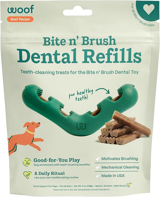 WOOF - Bite n' Brush Refills for The Dog Toothbrush Toy - Dog Breath Freshener Dental Chew Stick - Dog Dental Chew Toy Treats - Approximately 16 Refills - Beef