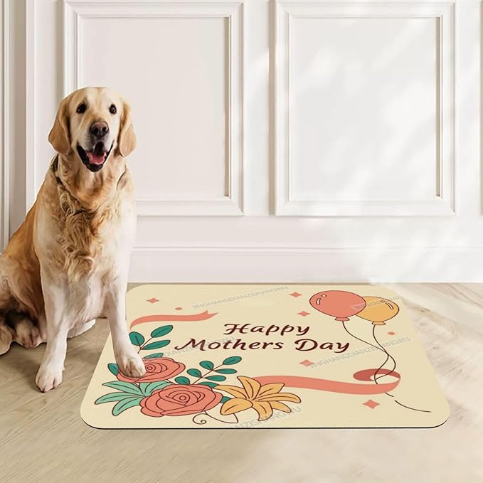 Dog Food Mat Happy Mother's Day Floral Gift for Mom Fe Absorbent Water Bowl Mats Cat Pet Feeding Placemats 24x16In