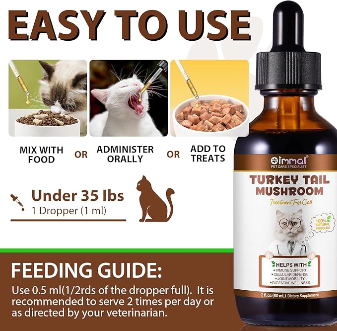 Mushroom Drops for Cats, Natural Cat Immmune Mushroom Liquid Drop with Turkey Tail Mushroom Extract for Immune Support, Digestive & Joint Mobility, Pet Mushroom Herbal Supplement - 2 fl oz (60 ml)