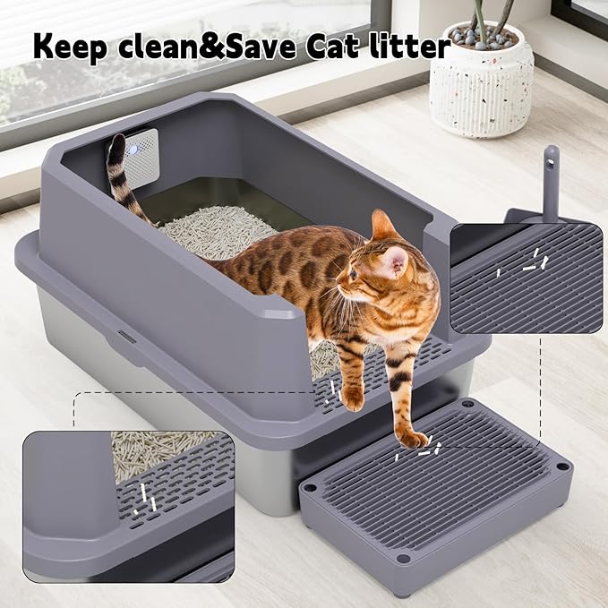 RIZZARI Stainless Steel Litter Box: Gray Leakproof Open Top Tray - Teflon Non-Stick Coating - Large Size Odor Control for Cats Under 20 lbs - with Deodorizer - 2 Pack - for Laundry Room Restroom
