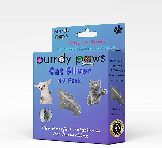 6 Month Supply Soft Nail Caps for Cats Metallic Silver Kitten - Extra Adhesives