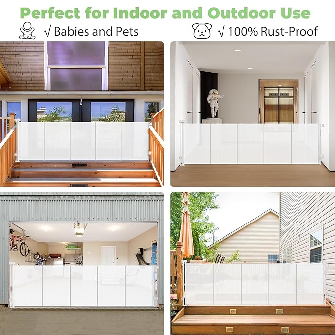 Reinforced 155 Inch Extra Wide Retractable Baby Gate with Reinforced Rods, 13 Feet Wide Retractable Dog Gate – Prevents Crawling Under, Extra Long Baby Gate Retractable Fence Outdoor Garage Gate/White