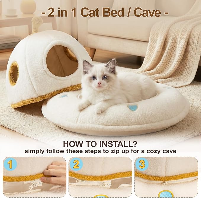 Cat Beds for Indoor Cats - 2 in 1 Cute Cat Bed Cave for Large Cats with Removable Washable Cushioned Pillow, UFO Cozy Large Cat Bed Hideaway (Up to 25 Lbs)