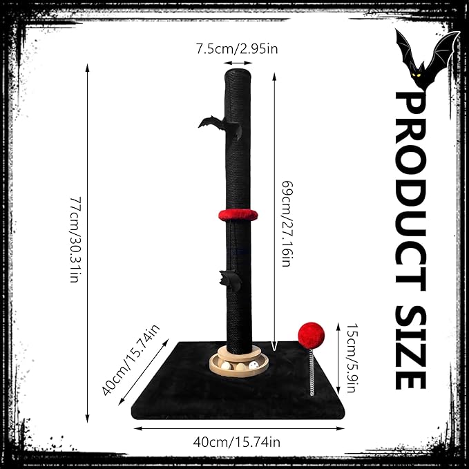 Gothic 27'' Scratching Post, Cat Scratcher Indoor, Wooden Ball Track Toy, Hanging Ball, Bouncy Ball, Interactive Toy Furniture for Kittens Adult Cats, Black Red