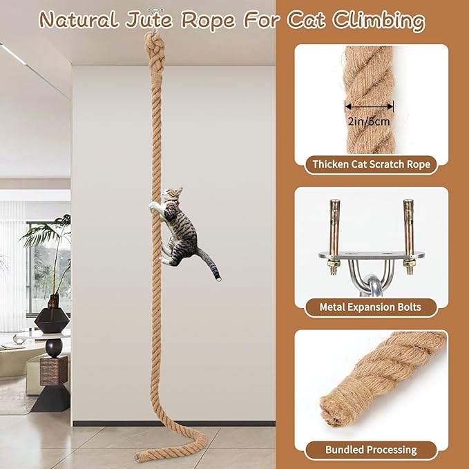 2" x 9.84Ft Cat Climbing Rope with Hook, Natural Cat Climbing Jute Rope for Ceiling and Wall Mounted, Durable Sisal Ropes for Indoor and Outdoor Cats Scratching Playing