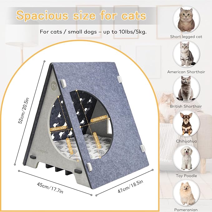Triangle Cat Tent with Removable Pad, Enclosed Pet Bed & Hideaway for Small Cats, Includes 4 Felt Toys, Portable Gray Beige House, 17.7" L x 18.5" W x 20.5" H