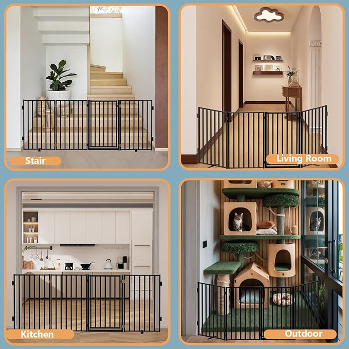 Full Metal Freestanding Dog Gates with Door, 36" Height Dog Fences for Indoor & Outdoor, Extra Wide Foldable Pet Gates for Stairs, Hallways, Doorways, Yard (4 Panels, 80" W × 36" H)