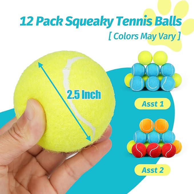 Prime Pets Tennis Balls for Dogs, 12 Pack 2.5” Durable Squeaky Dog Balls with High Bounce for Outdoor Play, Interactive Fetch & Training Dog Toys for Small and Medium Breeds
