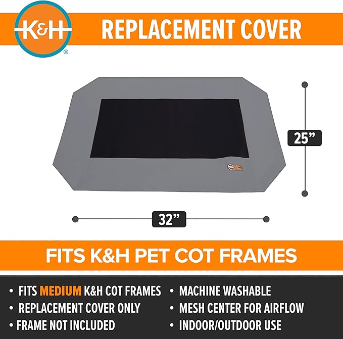 K&H Pet Products Dog Cot Replacement Cover, Designed to fit K&H Medium Pet Cots (Sold Separately), Indoor Outdoor, Breathable Cooling Mesh Center, Machine Washable - Medium 32 X 25in Gray