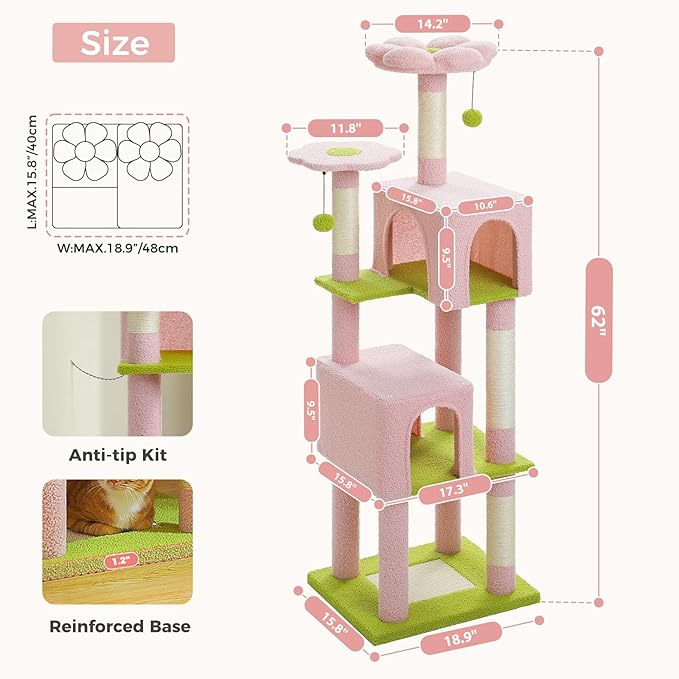 62" Flower Cat Tree for Indoor Cats, Multi-Level Tall Cat Tower with 2 Spacious Condos, Scratching Pad, 4 Cat Scratching Posts, 2 Top Perches, 2 Pompoms, Pink