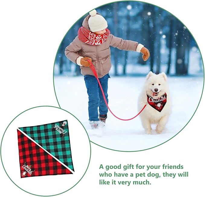 Unomor Christmas Dog Bandanas and Dog Triangle Bibs 2pcs Plaid Cotton Scarves with Christmas Santa Snowman Patterns Soft Pet Supplies for Holiday Wear