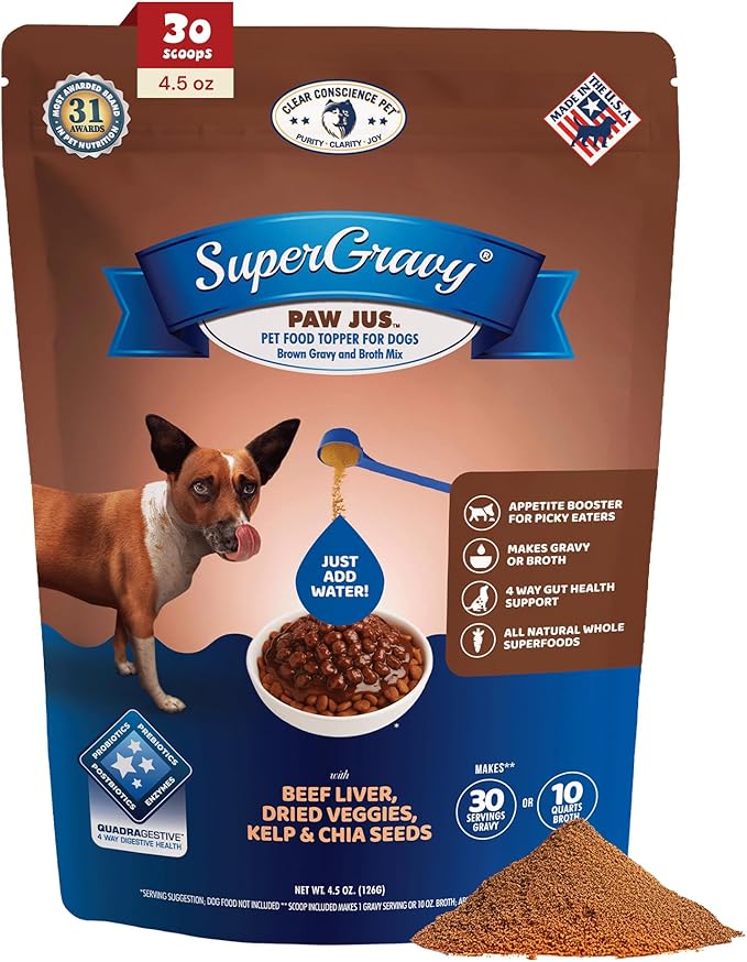 CLEAR CONSCIENCE PET® Paw Jus™ SuperGravy® Natural Dog Food Gravy Topper, Hydration Broth Mix, Gluten and Grain Free Kibble Seasoning Powder Topper for Picky Eaters (4.5 oz. (30 Scoop))