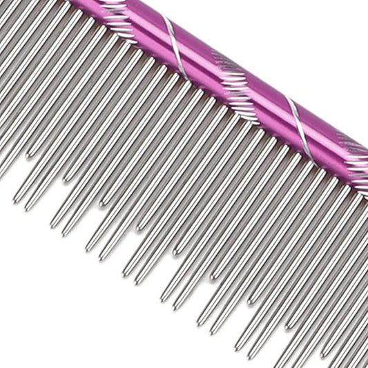 Pet Hair Removal Comb with Stainless Steel Teeth, Durable Cat Grooming Tool, 6.3 Inch Comfortable Non Slip Handle - Reusable Design, Open Knot Comb for Long and Short Haired Cats (Purple)