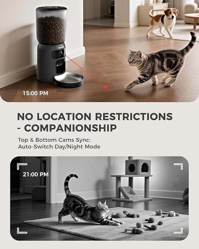 AI Automatic Cat Feeder with 2K HD Dual Cameras,5G&2.4G Wi-Fi 6L Cat Food Dispenser with Cats Recognition& Diet Tracking, Laser Interactive Toy & Two-Way Audio