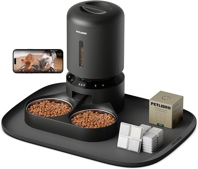 Bundle of PETLIBRO Automatic Cat Feeder with Camera for 2 Cats (Dual Tray, Black) and 6 Packs Pet Food Desiccant Bag and Silicone Cat Food Mat