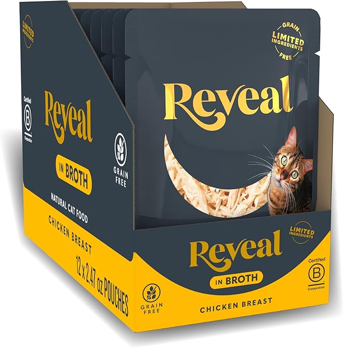 Reveal Natural Wet Cat Food, Limited and Natural Ingredients, Grain Free, High Protein with No Artificial Additives, Chicken Breast in Broth (12 x 2.47 oz Pouches)