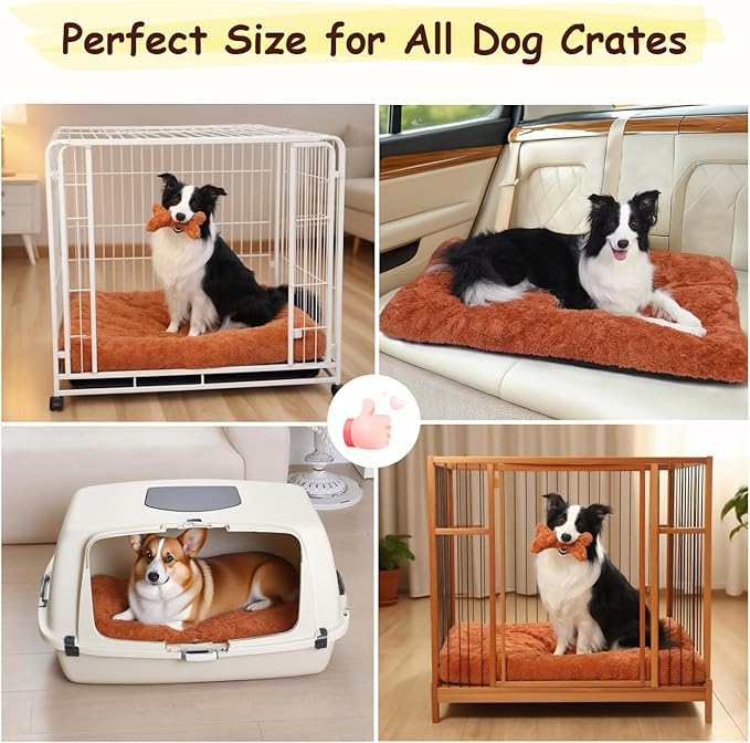 Washable Dog Bed for Small to Large Dogs, Calming Anti Anxiety Medium Dog Bed, Deluxe Plush Faux Fur Crate Beds, Comfy Fluffy Kennel Pad Pet Sleeping Mat with Non-Slip Bottom, 41"x27", Brown