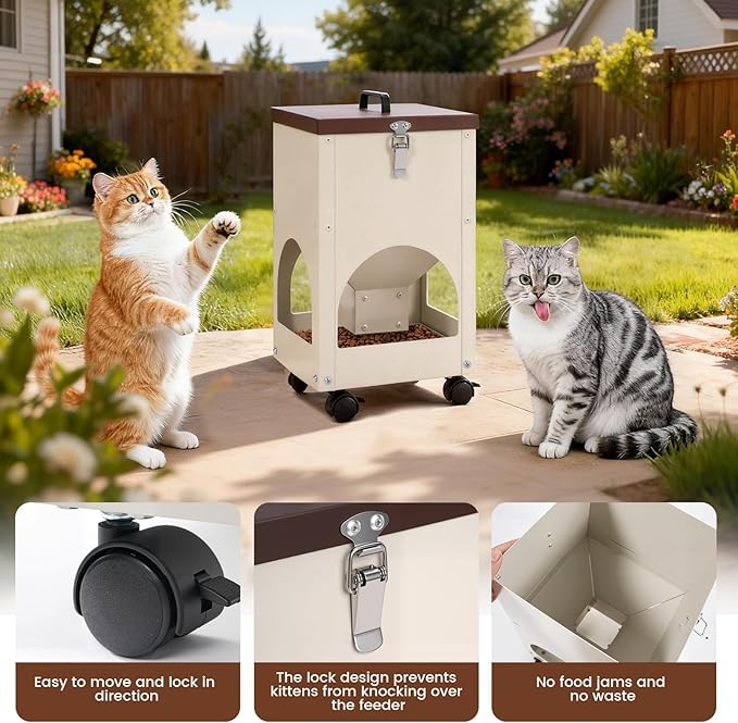 Automatic Cat Feeder for 4 Cats 5L Auto Cat Food Dispenser with Wheels for Puppies and Kittens, Multiple Cats Feeder Outdoor Large Capacity Galvanized Steel Gravity Pet Feeding Station