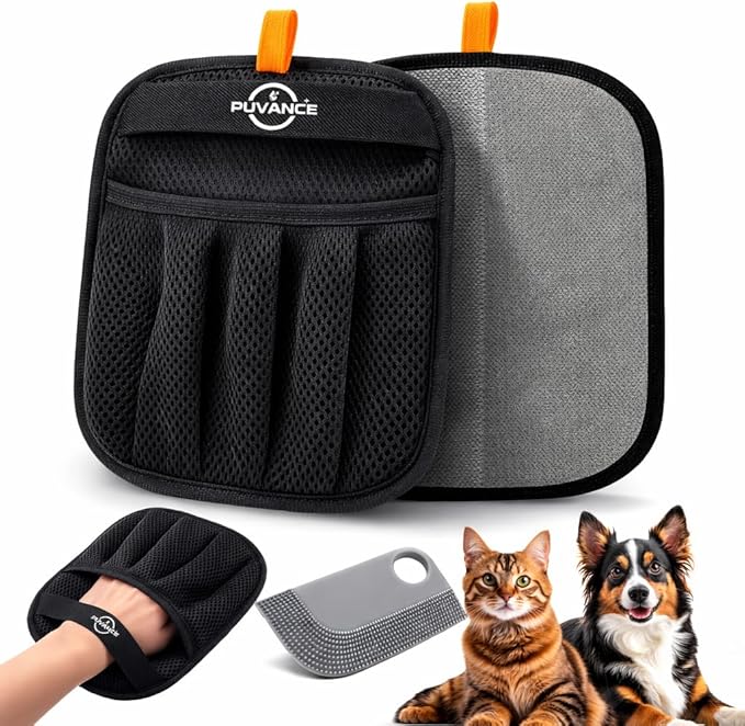 Upgraded Pet Hair Removal Glove for Cats & Dogs with TPR Scraper – Five-Finger Electrostatic Reusable Fur & Lint Remover for Couch, Carpet, Clothing & Car Seats