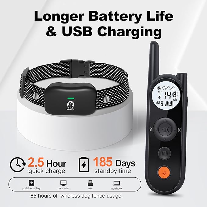 MIMOFPET Wireless Dog Fence for 2 Dogs - 25FT to 3500FT Electric Fence,185 Days Standby Time Training Collar,Pet Containment System with 3 Training Mode,Flash Light and Waterproof