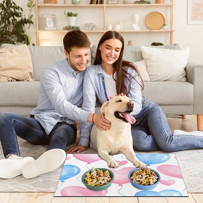 Valentine’s Day Dog Food Mat for Floors Absorbent, Quick Dry Water Dispenser Mat for Food, Water, Pet Supplies 16" x 24", Love Heart Balloons