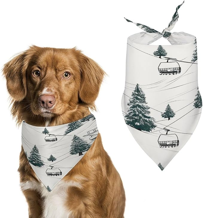 Dog Bandana Spring Pet Scarf Adjustable Triangle Ski Lift with Fir Tree Printing Dog Bib Washable Polyester Puppy Bandana for Small Medium Large Dogs Cat Birthday Party Supplies