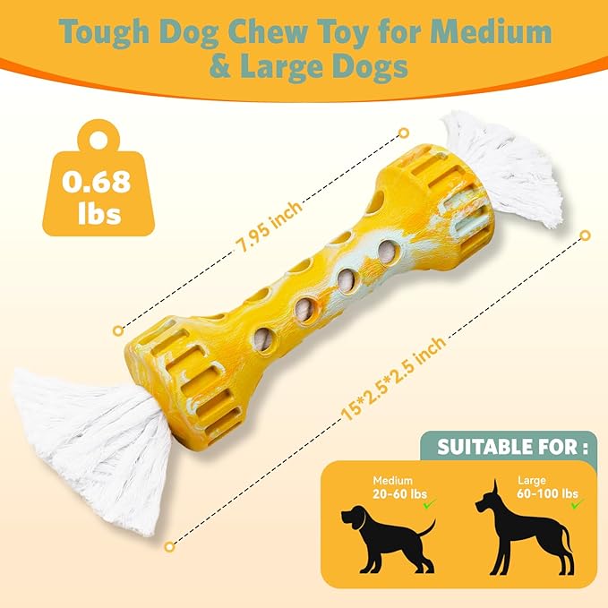 Durable Rubber with Pure Cotton Tassels for Medium and Large Breeds, Indoor Dog Chew Toy for Boredom Buster, Outdoor Fetch and Chase Toy for Excess Energy Relief, Cream Flavor, Yellow/White